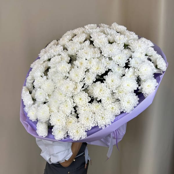 Пышный букет из 25 белых кустовых хризантем 2