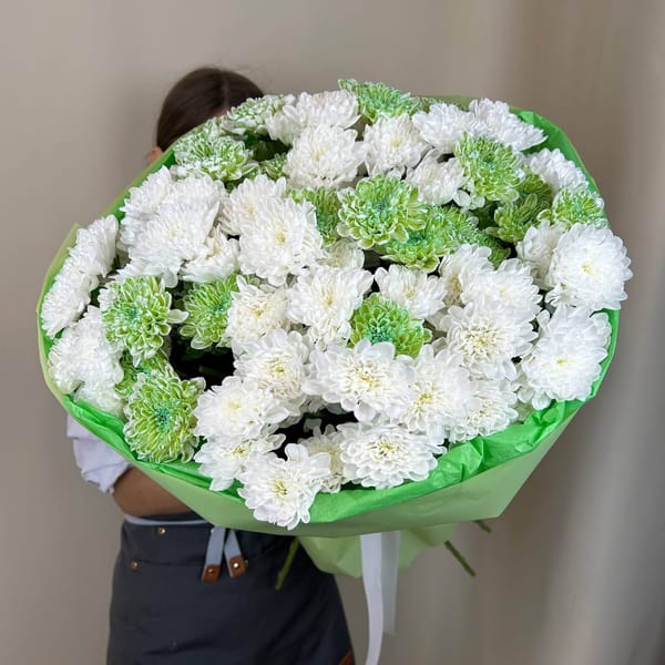 Букет из 10 белых кустовых хризантем и 5 зеленых кустовых хризантем 2